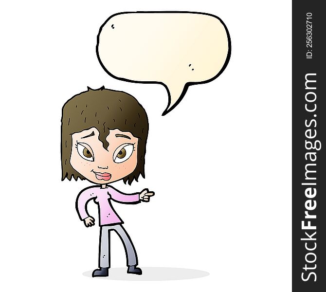 cartoon relaxed woman pointing with speech bubble