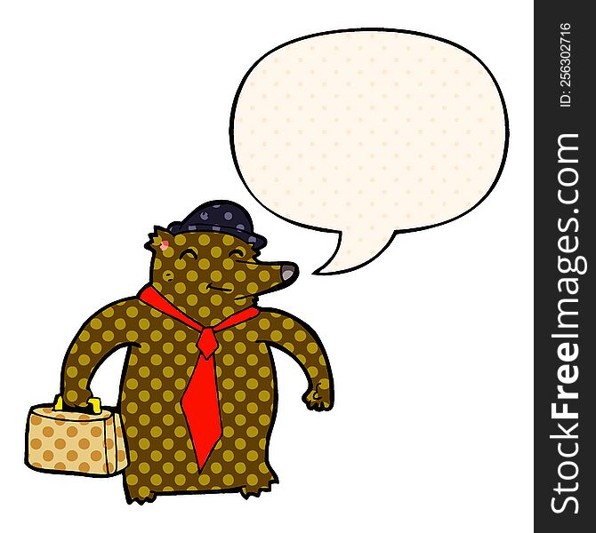 Cartoon Business Bear And Speech Bubble In Comic Book Style