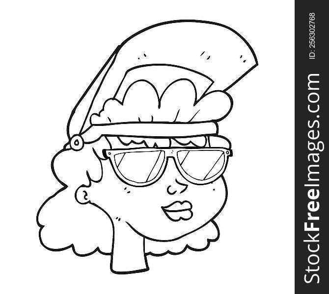 Freehand drawn black and white cartoon woman with welding mask and glasses