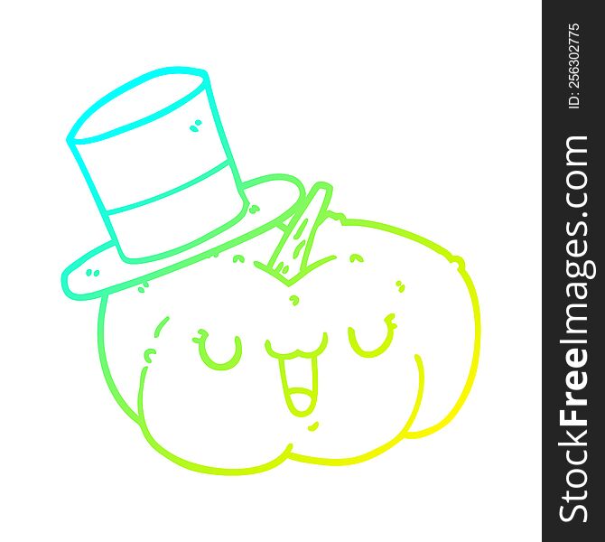 Cold Gradient Line Drawing Cartoon Pumpkin Wearing Hat