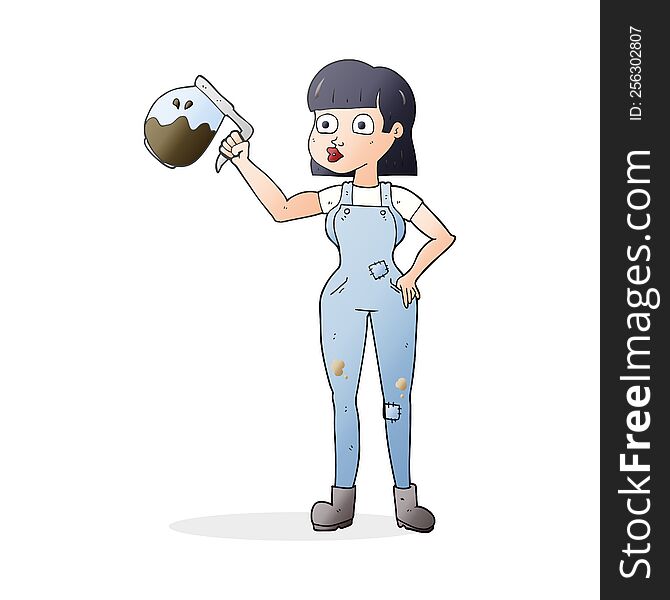 Cartoon Woman In Dungarees With Coffee