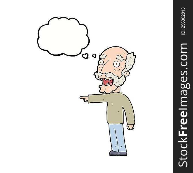 cartoon scared old man pointing with thought bubble