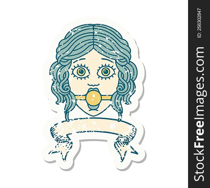 grunge sticker with banner of female face with ball gag