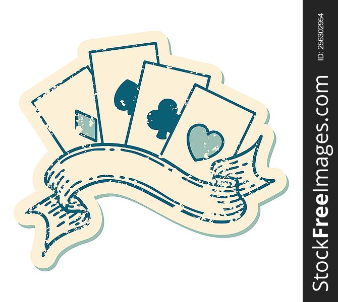 iconic distressed sticker tattoo style image of cards and banner. iconic distressed sticker tattoo style image of cards and banner