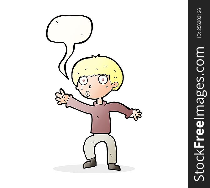 cartoon boy waving warning with speech bubble