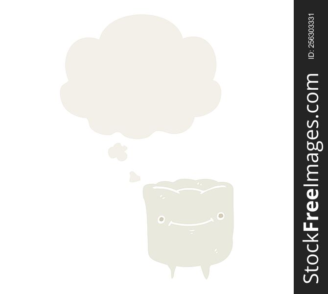 cartoon happy tooth with thought bubble in retro style