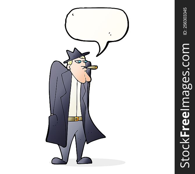 Cartoon Man In Hat And Trench Coat With Speech Bubble