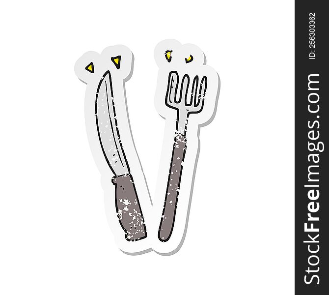 retro distressed sticker of a cartoon knife and fork