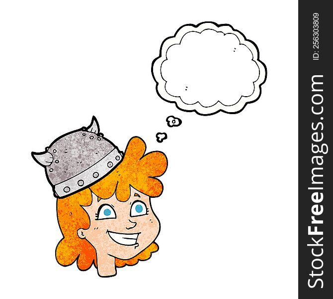 freehand drawn thought bubble textured cartoon female viking. freehand drawn thought bubble textured cartoon female viking
