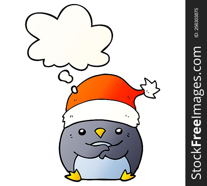 cute cartoon penguin wearing christmas hat with thought bubble in smooth gradient style