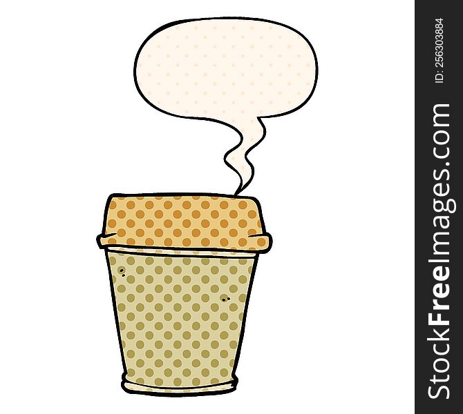 cartoon take out coffee with speech bubble in comic book style