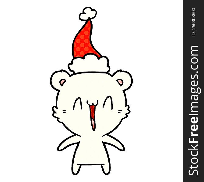 happy polar bear hand drawn comic book style illustration of a wearing santa hat