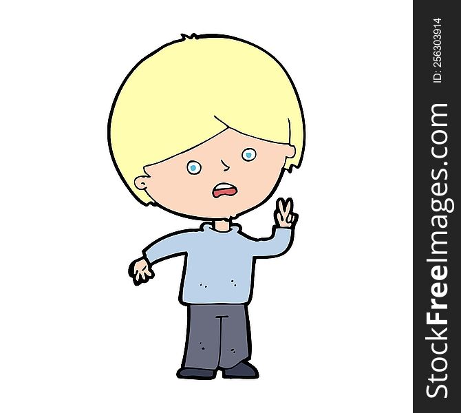 cartoon unhappy boy giving peace sign