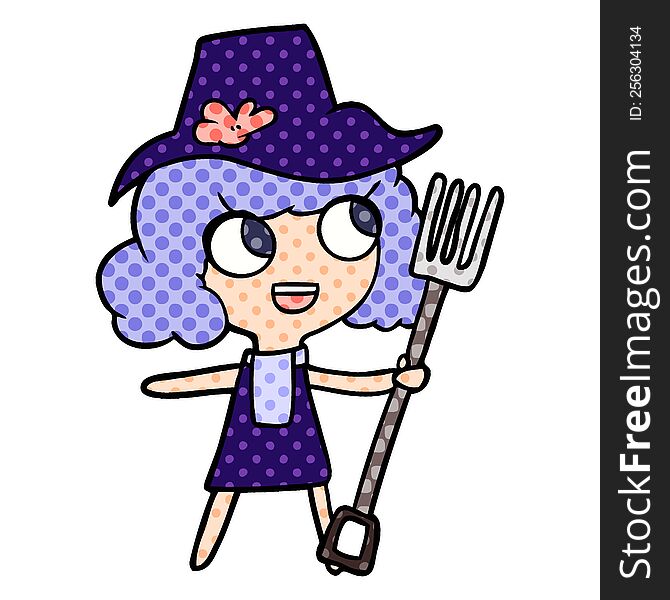 cartoon farmer girl with fork. cartoon farmer girl with fork