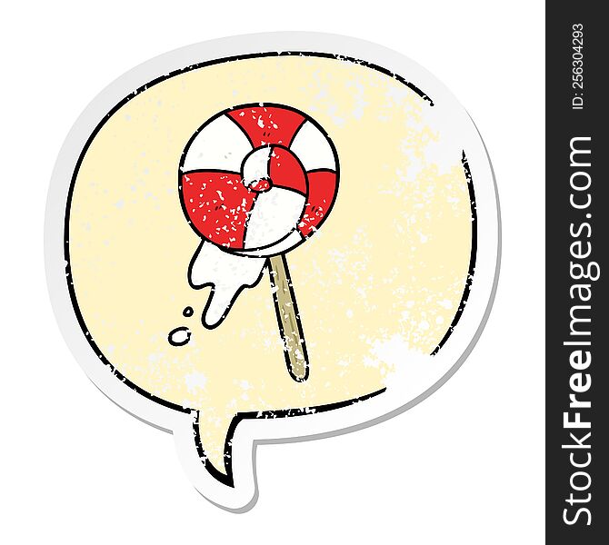 cartoon traditional lollipop with speech bubble distressed distressed old sticker. cartoon traditional lollipop with speech bubble distressed distressed old sticker
