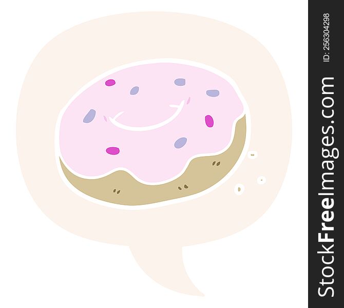 Cartoon Donut And Sprinkles And Speech Bubble In Retro Style