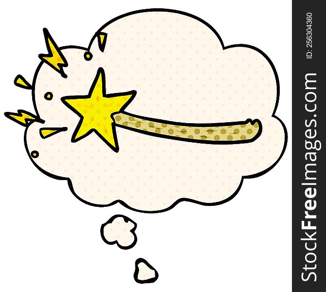 cartoon magic wand with thought bubble in comic book style