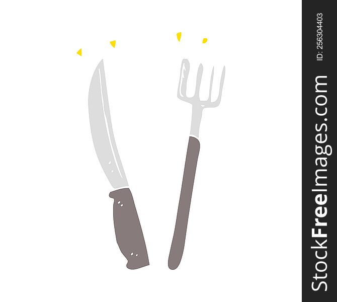 Flat Color Illustration Of A Cartoon Knife And Fork