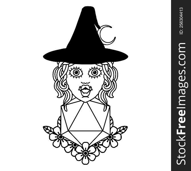 Black and White Tattoo linework Style half orc witch with natural twenty dice roll. Black and White Tattoo linework Style half orc witch with natural twenty dice roll