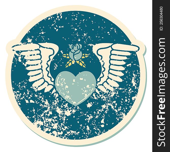 Distressed Sticker Tattoo Style Icon Of A Heart With Wings