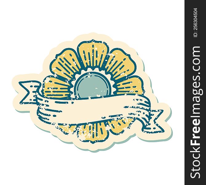 Distressed Sticker Tattoo Style Icon Of A Flower And Banner