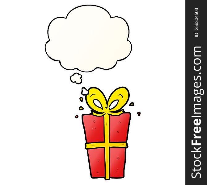 Cartoon Wrapped Gift And Thought Bubble In Smooth Gradient Style