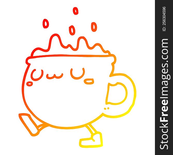 warm gradient line drawing of a cartoon coffee cup walking