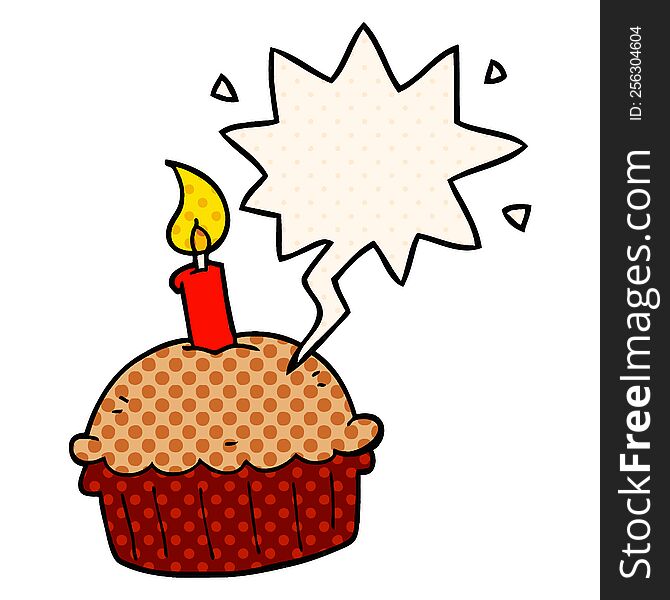 cartoon birthday cupcake with speech bubble in comic book style