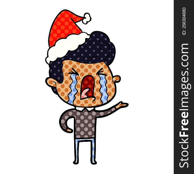Comic Book Style Illustration Of A Crying Man Wearing Santa Hat