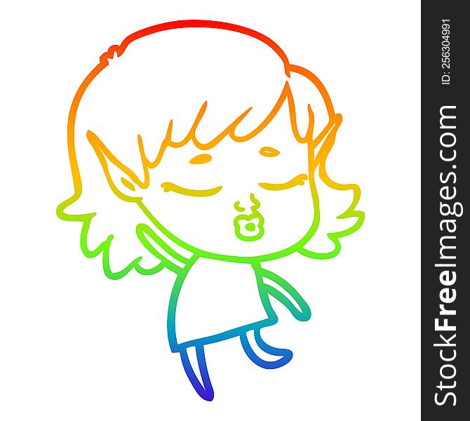 Rainbow Gradient Line Drawing Pretty Cartoon Elf Girl Dancing