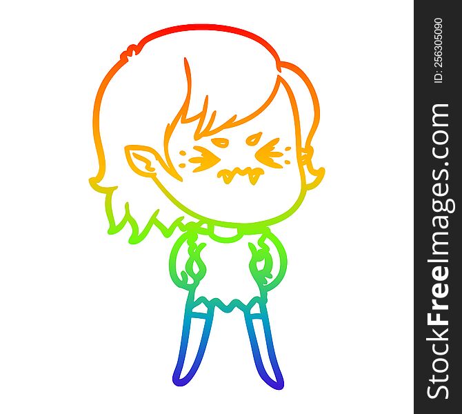 Rainbow Gradient Line Drawing Annoyed Cartoon Vampire Girl