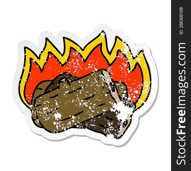 Distressed Sticker Of A Quirky Hand Drawn Cartoon Burning Log