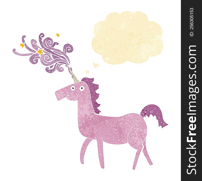cartoon magical unicorn with thought bubble