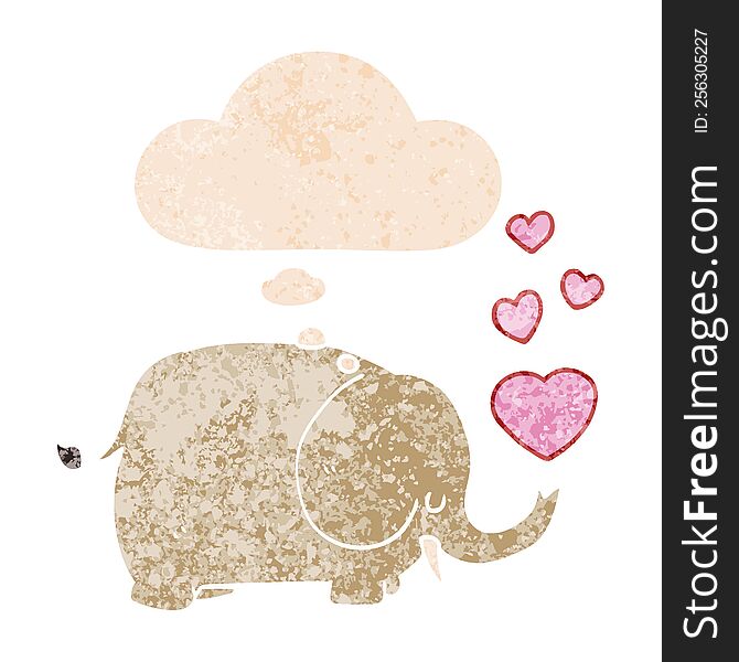 cute cartoon elephant with love hearts and thought bubble in retro textured style