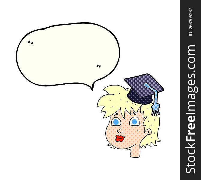 freehand drawn comic book speech bubble cartoon woman wearing graduate cap. freehand drawn comic book speech bubble cartoon woman wearing graduate cap