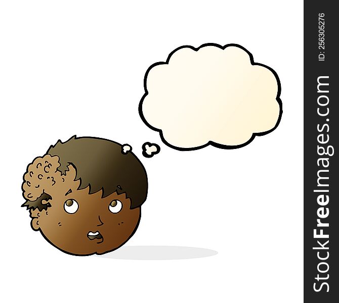 Cartoon Boy With Ugly Growth On Head With Thought Bubble