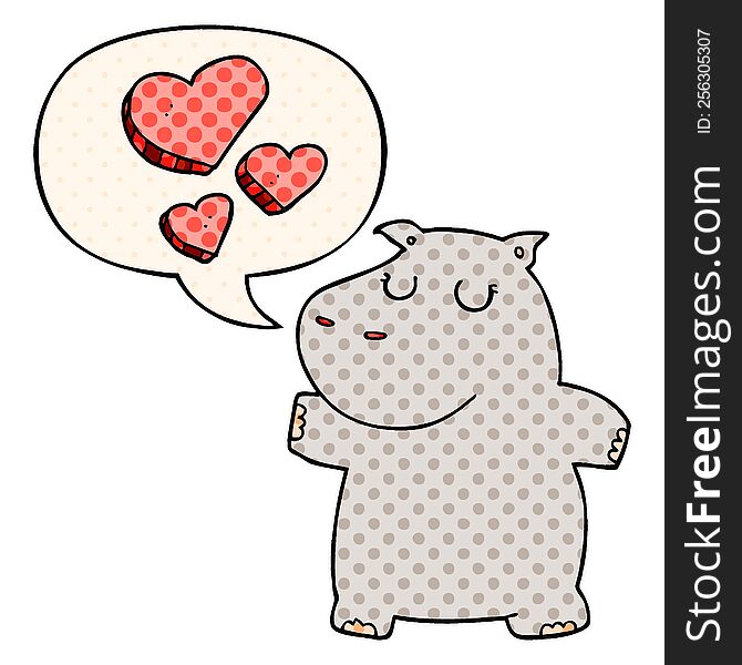 Cartoon Hippo In Love And Speech Bubble In Comic Book Style