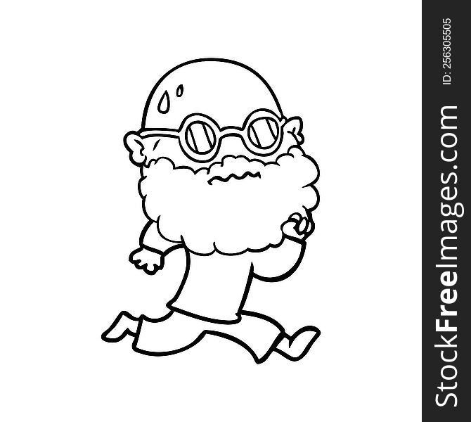 cartoon running man with beard and sunglasses sweating. cartoon running man with beard and sunglasses sweating