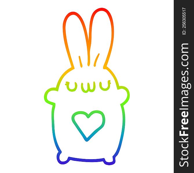 rainbow gradient line drawing of a cute cartoon rabbit with love heart
