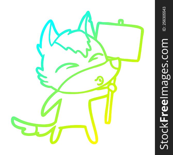 Cold Gradient Line Drawing Cartoon Wolf With Protest Sign