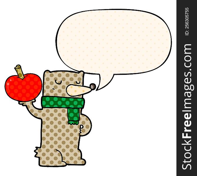 Cartoon Bear And Apple And Speech Bubble In Comic Book Style