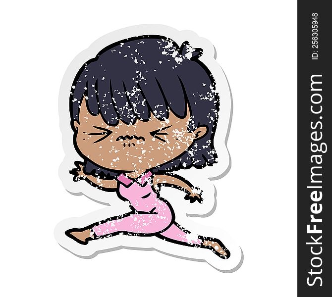 distressed sticker of a cartoon woman jumping