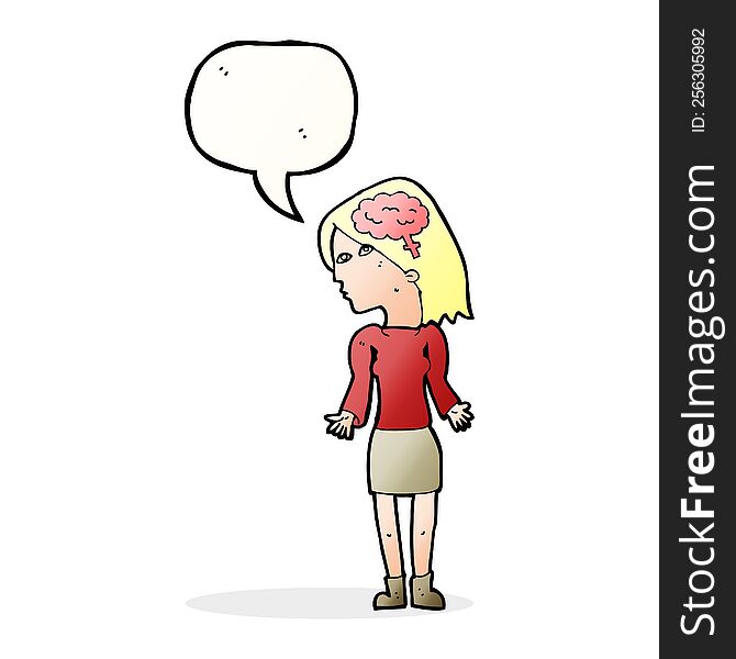 cartoon clever woman shrugging shoulders with speech bubble