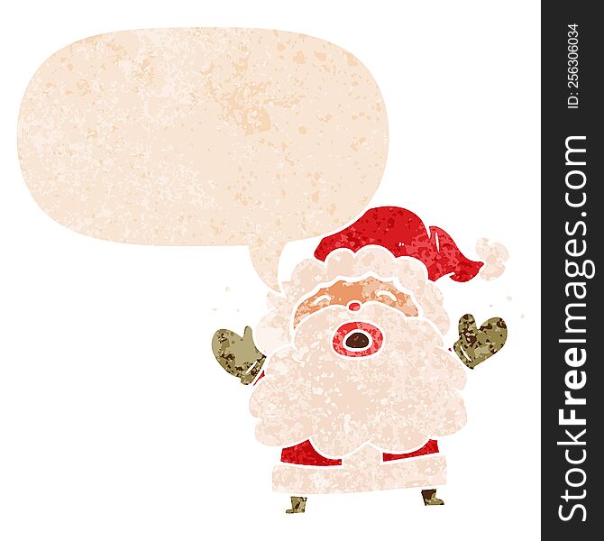 Cartoon Santa Claus Shouting And Speech Bubble In Retro Textured Style