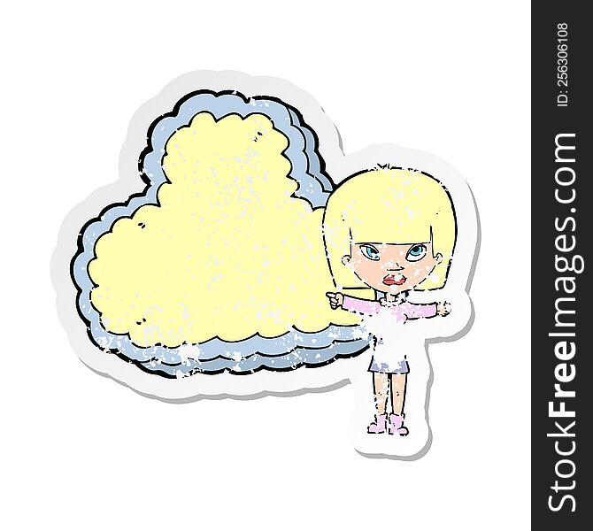 retro distressed sticker of a cartoon woman with cloud text space