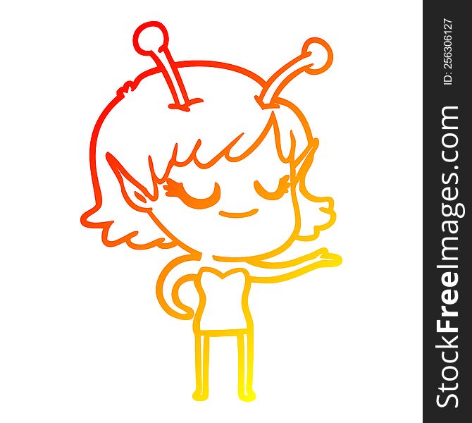 warm gradient line drawing of a smiling alien girl cartoon
