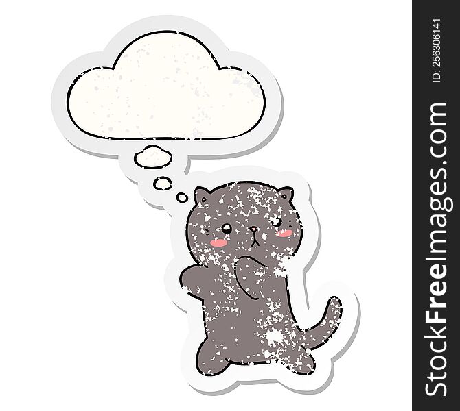 Cute Cartoon Cat And Thought Bubble As A Distressed Worn Sticker
