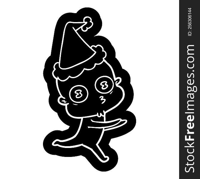 Cartoon Icon Of A Weird Bald Spaceman Running Wearing Santa Hat