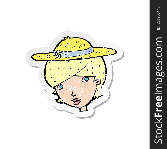 retro distressed sticker of a cartoon woman wearing summer hat