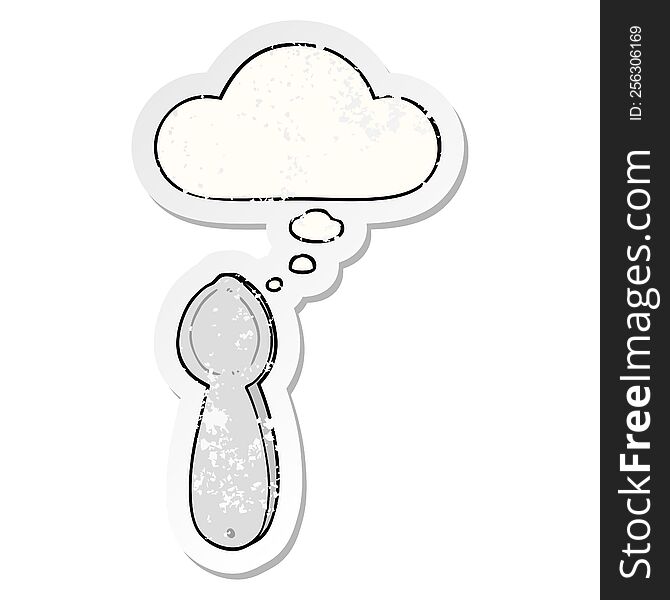 cartoon spoon with thought bubble as a distressed worn sticker